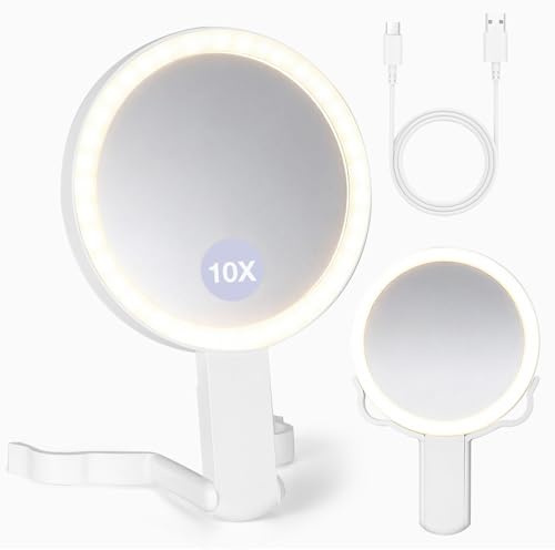 VINATO Kosmetikspiegel mit Beleuchtung, Tragbarer Beleuchteter Spiegel mit 10X Vergrößerung, Dual-Sided Foldable Makeup Mirror mit 3 Lichtmod, Schminkspiegel mit Vergrößerung