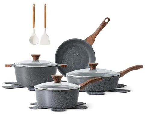 SENSARTE 13 teiliges Topfset Induktion, Granit Topf Pfannen Set | Topfset Induktion Kochtopf Set mit Deckel, pfannenset, Gesundes Topf Pfannen Set, für Alle Herdarten, Backofenfest