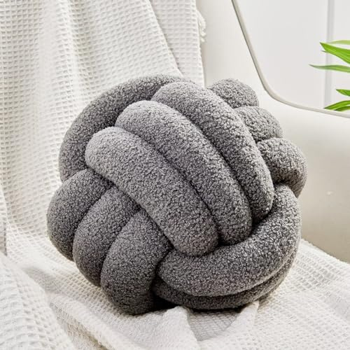Uvvyui Knoten-Kissenball, weiches Heimdekorationskissen, rundes Wurfkissen, handgefertigtes geknotetes Plüschkissen, rundes Boucle-Kissen (21,6 cm, dunkelgrau)