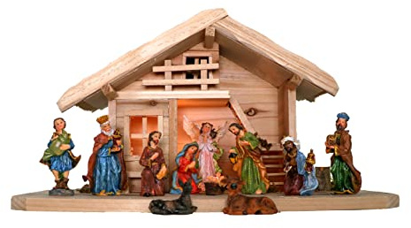 mgc24 Weihnachtskrippe Tischkrippe aus Holz, komplett mit 11 Krippenfiguren handbemalt, LED-Beleuchtung
