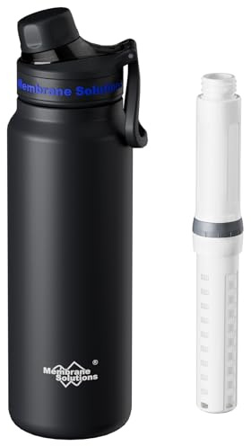 Membrane Solutions C3 Outdoor Wasserfilter Flasche, 900ml(32oz) Edelstahl Trinkflasche mit entnehmbarem Filter, 0,1 μm Filtergenauigkeit, 4000l Filterkapazität, Camping, Survival, Notfall, Schwarz