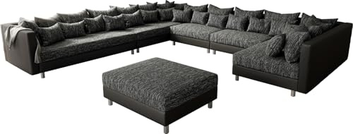Couch Clovis XXL Schwarz mit Hocker Ottomane Links Wohnlandschaft Modulsofa