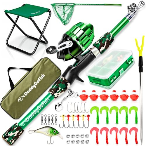 Kinder Angelrute Jungen, Mädchen & Jugend - Kleinkind Angelrute Set Kit | Kleinkind Angelrute Einsteiger Set für Jugend Jungen & Mädchen, Rute mit Druckknopf, Zubehörbox, Stuhl, Kescher & Tasche