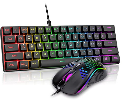 RedThunder 60% Gaming Tastatur und Maus Set, QWERTZ DE-Layout, Ultra-compacte RGB-Beleuchtung , Optische Ergonomische mit 6 Tasten und 7200 DPI für PC, MAC, PS5, Xbox Gamer