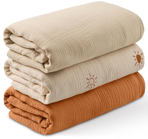 Soarwg Kids Musselin Tuch Baby Pucktücher für Neugeborene, 3 Stück Musselin Decke, große 95 x 100cm Babydecke - Baby Swaddle Decke Spucktücher, Wickeltuch wesentliche Artikel für Babyparty Braun