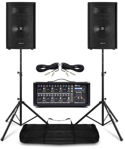 Vonyx SL8 - PA Lautsprecher Aktiv Set, 800 Watt Party Lautsprecher mit Bluetooth und Stativ, Mischpult, PA Anlage Komplettset, 8 Zoll LED, USB, MP3, DJ Boxen, Schwarz