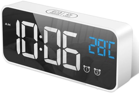 HOMVILLA Digitaler Wecker mit großer LED-Temperaturanzeige, tragbarer Spiegelalarm mit Doppelalarm, Zeit-Dimmer, Helligkeits-Dimmer, verstellbar auf 4 Stufen, 10 Musikanschluss