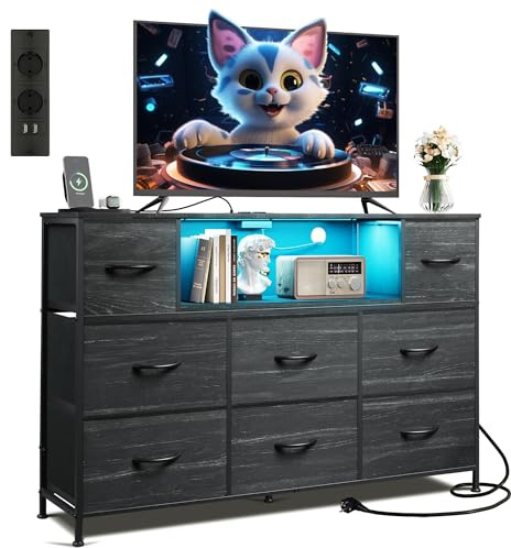 WLIVE Kommode, 8 Stoffschubladen,Schubladenkommode mit Steckdosen, vielseitige Schubladenkommode für Schlafzimmer und Wohnzimmer, mit stabilem Stahlrahmen und Holzplatte,120 * 30 * 79 cm (Schwarze)