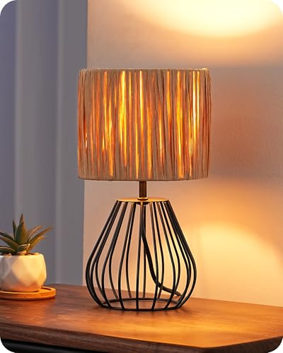 EDISHINE Tischlampe, Papierseil-Schirm & Metallgitter-Optik, Schwarz | E14 Fassung, 2700K Warmweiß, Raffia-Lampenschirm, inkl. 4W LED-Leuchtmittel für Schlafzimmer, Wohnzimmer