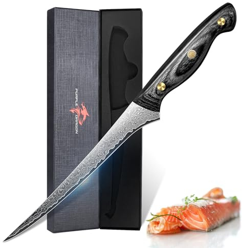 Purple Dragon Damast Filetiermesser 18cm - Flexibles Ausbeinmesser mit VG10 Kernen - Küchenmesser mit Full Tang Holzgriff -Geschenk für Männer und Frauen