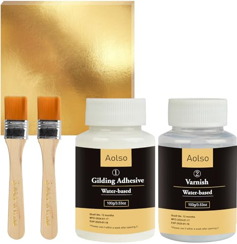 Aolso Blattgold Kleber Set, 100 ml wasserbasierter Metallblattkleber und 100 ml Lack zum Basteln, Blattgoldblätter 100 Stück mit 2 Pinsel, zum Basteln, Malen und professionellen Bastelgebrauch