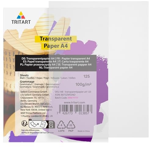 Tritart Transparentpapier, A4, DIN A4, 125 Blatt, 100 g/m², transparent, A4, bedruckbar, für Muster, Nähen, Zeichnungen, Scrapbooking, Kalligraphie