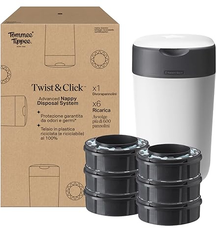 Tommee Tippee Twist and Click Advanced Windeleimer, umweltfreundliches System, inkl. 6x Nachfüllkassetten mit nachhaltig gewonnenem, antibakteriellem GREENFILM, Weiβ