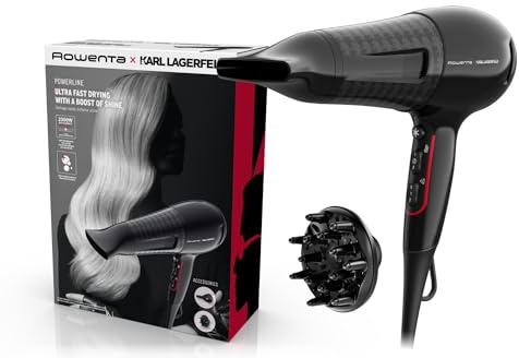 Rowenta x Karl Lagerfeld Powerline Haartrockner, 2100 Watt, Ionen-Booster | energiesparender Motor, Kaltlufttaste, 6 Geschwindigkeits-/Temperatureinstellungen, Thermo Control, Schwarz/Rot, CV591L