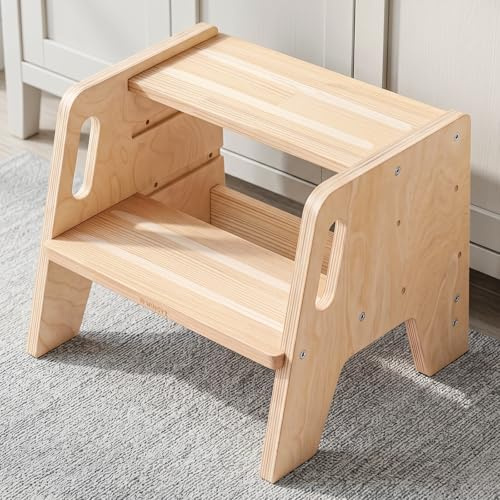 WINGYZ Tritthocker Kinder 2 Stufen aus Holz Zweistufiger Hocker mit 3 verstellbaren Höhen, 2 Griffen & Anti-Rutsch Pads, tragbar Kinderhocker für Badezimmer, Küche & Waschbecken ab 2 Jahren(Natur)