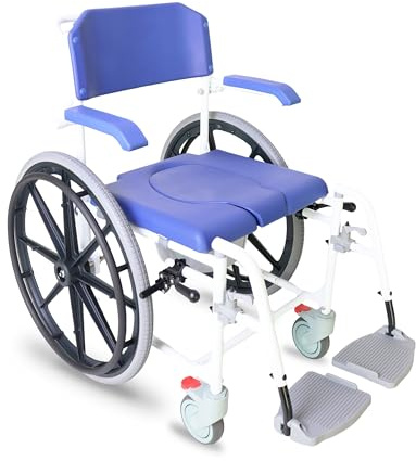 KMINA Selbstfahrender Toilettenstuhl mit Rollen, Duschstuhl 120 kg, Blau | Duschrollstuhl mit 60 cm Hinterrädern, Höhenverstellbar, Für Behinderte, Klappbare Armlehnen, Modell Pro