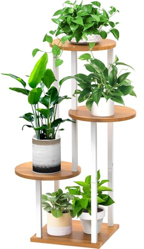 YOCOMEY 4 Tier Hölzern Blumenregal Metall Pflanzenregal, Mehrstöckig Blumenständer Pflanzenständer Blumenbank Blumentreppe Pflanzentreppe Standregal für Innen Außen Balkon Deko (Rund Weiß)