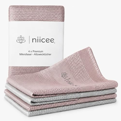 niicee® Mikrofasertücher 4er Set 40x40 & 40x60 cm – Glasputztuch & Poliertuch streifenfrei ohne Putzmittel – Fensterputztuch für Spiegel, Edelstahl & Hochglanz – Reinigungstücher für Küche, Bad & Auto