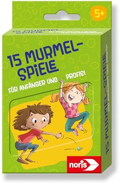 noris 15 Murmel-Spiele für Kinder ab 5 Jahre - Set aus 21 bunten Murmeln, Spiel-Anleitungen und Stoffbeutel in Blechdose, Outdoor-Spielzeug für Anfänger und kleine Profis