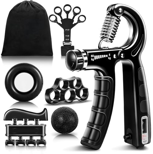 flintronic Handtrainer Trainingsset 6-teilig, Unterarmtrainer mit Integrierter Zählfunktion, Einstellbarer Widerstand 5-60kg, Fingertrainer für Fitness, Klettern, Krafttraining, Schwarz