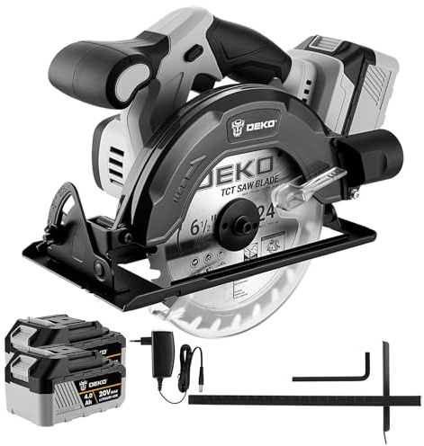 Akku-Kreissäge: DEKOPRO 20V Kreissäge, 4500 U/min, Sägeblatt Ø165mm (24T), maximale Schnitttiefe 55mm (90°), 33mm (45°), ideal zum Schneiden von Holz (2 Akkus mit 4,0Ah im Lieferumfang enthalten)