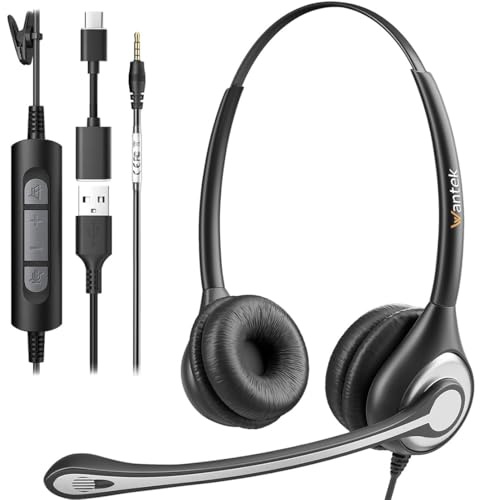 Wantek schnurgebundenes USB-C-Headset, Noise Cancelling-Mikrofon, Stereo-Design, Verbindung mit PC/Mac über USB-C oder USB-A, Kompatibel mit Teams/Zoom