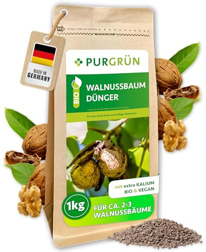 Purgrün® Bio-Walnussbaum-Dünger 1 kg – Organisch-mineralische Rezeptur – Feinkörniges Krümelgranulat – NPK 6+2+7 – Mit Magnesium für aromatische Nüsse – Verbessert die Bodenqualität