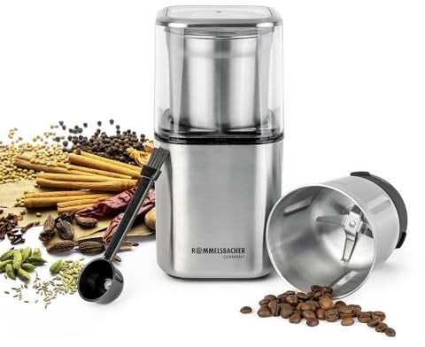 ROMMELSBACHER Gewürz und Kaffee Mühle EGK 200, 2 Edelstahlbehälter mit Schlagmesser & Spezialmesser, Füllmenge 70 g, Mahlgrad über Mahldauer wählbar, auch für Pesto, Gewürze, Nüsse, Zucker, 200 Watt