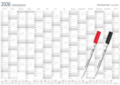STAEDTLER Jahresplaner Lumocolor Set 2026, Wandkalender trocken abwischbar, Größe DIN A1, incl. Stifte und Stift-Klemmen, Sonderedition, 641 JPAMZW