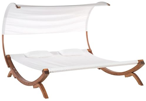 Beliani Doppelliege Gartenliege Sonnendach Liege Lärchenholz/Polyester Cremeweiß Teramo