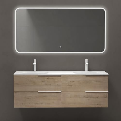 doporro Badmöbel-Set Eiche Greige Unterschrank mit Doppelwaschbecken 144cm | Wandhängendes Badmöbel-Set mit Mineralguss-Doppelwaschbecken, 4 -Schubladen – geräumig & stilvoll für moderne Bäder Vanessa