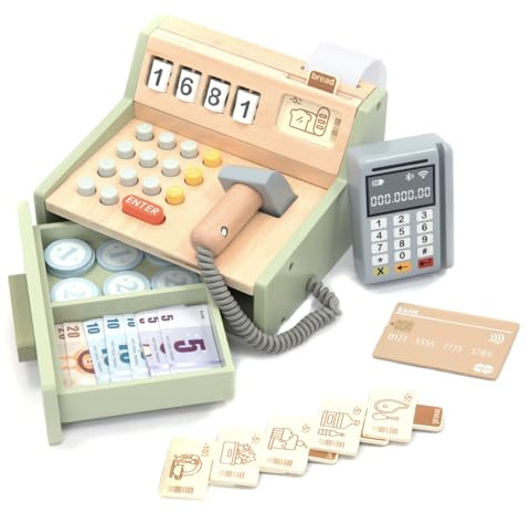 UMU® Kinder Kasse aus Holz - inkl. Scanner, Zahlungsterminal, Spielgeld usw., Kaufladen Zubehör für Rollenspiele, Spielkasse für Kinder ab 3 4 5 6 Jahren