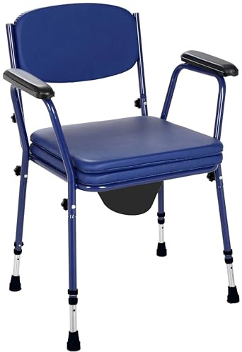 Akriva Toilettenstuhl mit Eimer, höhenverstellbarem Sitz und Rückenlehne，rutschfeste Füße, extra gepolsterter Sitz, WC Stuhl für Senioren & Pflege, Blau