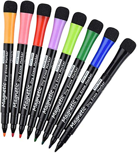 Willingood Whiteboard Marker, Magnetisch Whiteboard Schwamm mit Stifte, 2 in 1 Kreidemarker mit 8 Farben, Trocken Abwischbar, Rundspitze 1-2mm, Perfekt für Zuhause Schule Büro