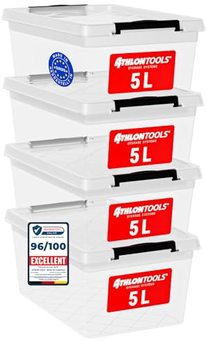 ATHLON TOOLS 4 x 5 L Aufbewahrungsboxen mit Deckel, lebensmittelecht - Verschlussclips - 100% Neumaterial Plastik-Box transparent - Kleiderboxen stapelbar…