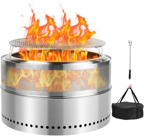 SMOOL 68cm Feuerschalen Rauchfreie Feuerschale mit Grillrost + Schürhaken + Mehrzwecktasche, Abnehmbarer Aschekasten, Edelstahl Feuerstelle für Terrasse, Garten, Camping & Outdoor, Tragbar, Raucharm