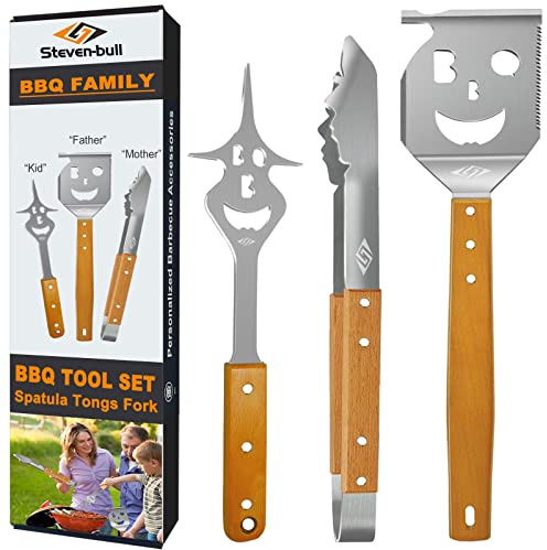 Steven-BULL S Grillbesteck-Set 3-TLG. Extra Langes Grillwerkzeug, Edelstahl Holzgriff, Grillzubehör mit Grillzange, Grillwender, Fleischgabel Extra-Langen Holzgriffen und Aufhänge-Ösen