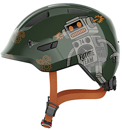 ABUS Kinderhelm Smiley 3.0 - Fahrradhelm mit tiefer Passform, kindergerechten Designs & Platz für einen Zopf - für Mädchen und Jungs - Grün mit Roboter-Muster, Größe M