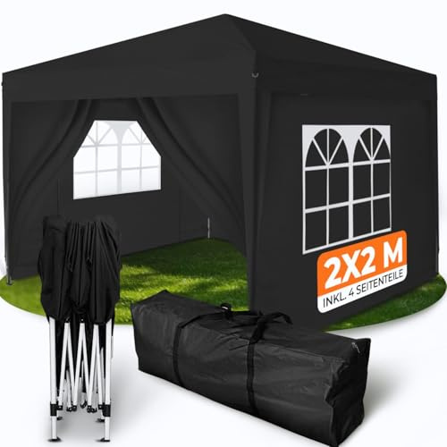 Kronenburg Faltpavillon wasserdicht Dachmaß 2 x 2 m UV Schutz 50+ Pavillon in Schwarz mit 4 Seitenteilen