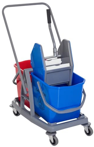 HOMCOM Putzwagen Reinigungswagen mit 2 Eimern 73 × 45 × 92 cm Blau+Rot | Wischwagen, Systemwagen mit Auswringer, 4 Leichtgängige Rollen, Haken für Mopp