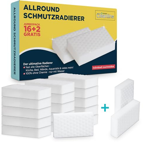 HULKIES Cleanline Premium Melamin Schmutzradierer Jumbo-Pack (16+2 GRATIS) Ideal für Matte KÜCHEN & Arbeitsflächen – Gegen Fett & Fingerabdrücke, CHEMIEFREI, zuschneidbar, extra Starke Qualität