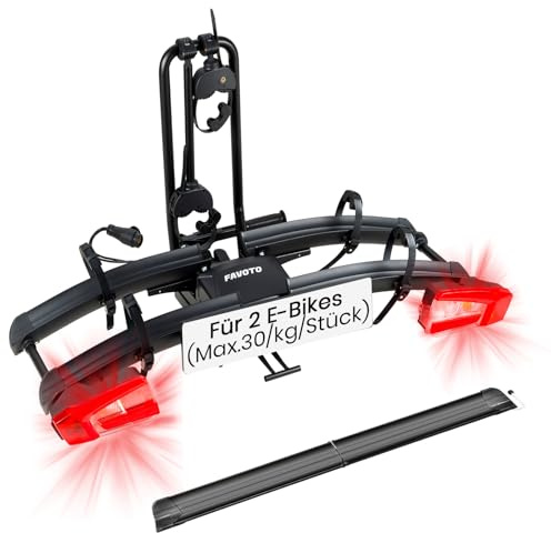 Favoto E-Bike Fahrradträger mit Klappbarer Rampe – Aluminium Heckträger für 2 Fahrräder bis 60 kg mit Rücklicht Diebstahlsicherung & Nummernschildhalter max 26x4.0 Reifen