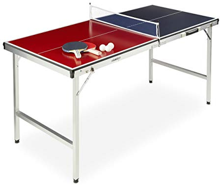 Relaxdays Klappbare Tischtennisplatte, tragbar, Netz, 2 Schläger, blau/rot | 3 Bälle, Alu, MDF, HBT: 67,5 x 151 x 67,5 cm