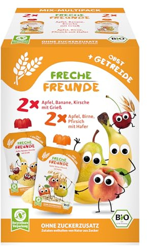 FRECHE FREUNDE Bio Quetschie MixMultiPack - Obst + Getreide, Fruchtmus mit Getreide im Quetschbeutel für Babys ab dem 6. Monat, vegan, 3er Pack, 3 x (4 x 100g)