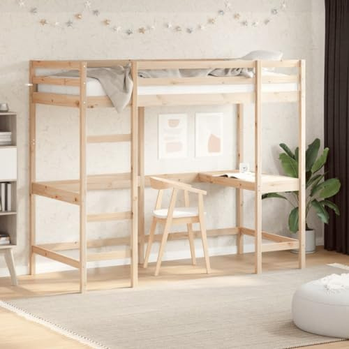 Emmtore Hochbett mit Schreibtisch, Bett für Kinder ab 6 Jahren, Stockbett mit Sperrholzlatten, Etagenbett Kinderbett,Natur,90 x 200 cm