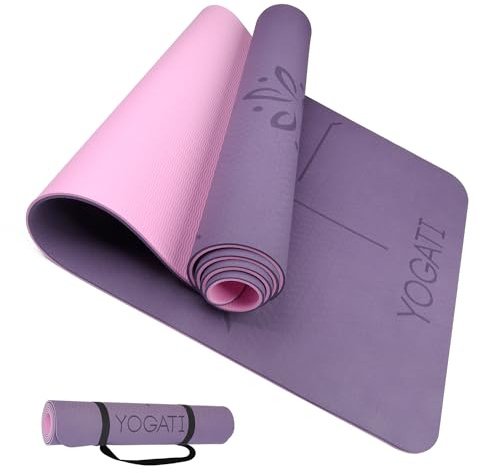 YOGATI Yogamatte rutschfest Schadstofffrei, mit Tragegurt. Yoga Matte mit Ausrichtungslinien für die Körperhaltung. Ideal als Gymnastikmatte, Sportmatte, Fitnessmatte, Jogamatte - Yoga mat