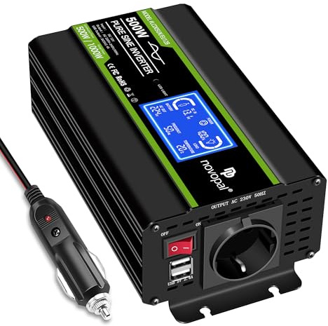 NOVOPAL 500W Wechselrichter 12V auf 230V 220V Reiner Sinus Spannungswandler mit intelligenter LCD-Anzeige - EU-Stecker mit USB-Ausgang