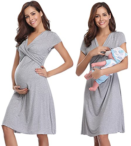 Irdcomps Stillnachthemd Damen Kurzarm Baumwolle Umstandsnachthemd Geburt | Geburtskleid Umstandskleid Kurz Schwangerschaft V-Ausschnitt Stillfunktion S-XXL