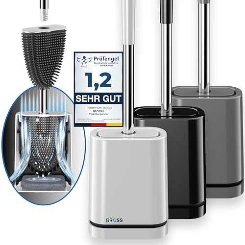 BROSS® Klobürste Silikon - Patentierte Toilettenbürste - Klobürste Weiss - WC Bürste & Klobürstenhalter mit Wandmontage & TurboTrocknung - Innovativ & Antibakteriell - 1er Set