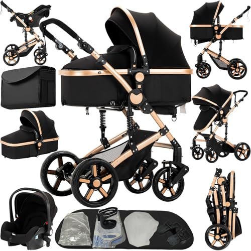 Reenborn Kinderwagen 3 in 1, Buggy mit Zwei Umkehrbaren Schiebemodi, Kinderwagen mit Rahmen Aluminiumlegierung, Babywagen 3 in 1 Komplettset mit Ein-Klick-Faltdesign Hohe Landschaft (588 Black Gold)